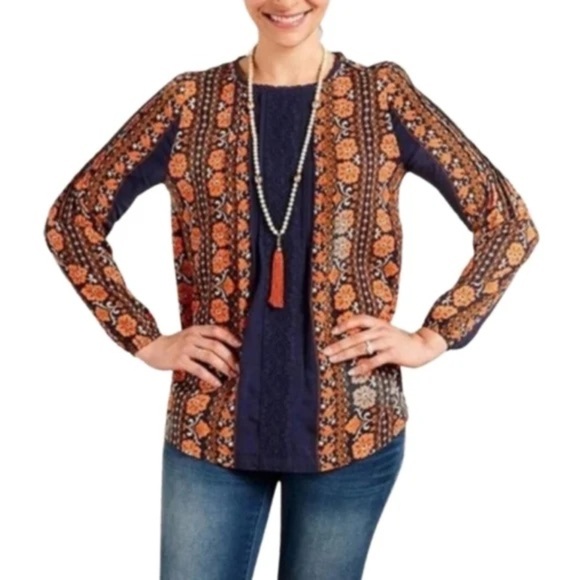 Matilda Jane Tops - Matilda Jane Bohemian Orange and Navy Patterned Crochet Blouse Size Medium